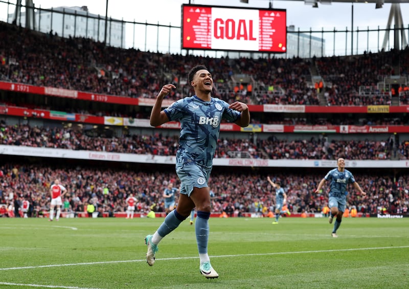 Aston Villa's Ollie Watkins celebrates scoring their second goal in the 2-0 Premier League victory against Arsenal at the Emirates Stadium on Sunday, April 14, 2024. Reuters