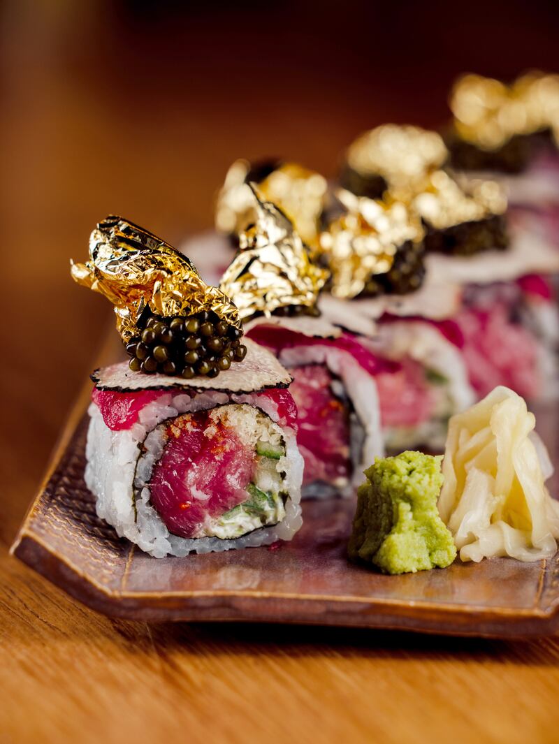 99 Jewel sushi rolls with toro, akami tuna, black truffle, Kaluga caviar and 24k gold leaf. Photo: 99 Sushi Bar & Restaurant