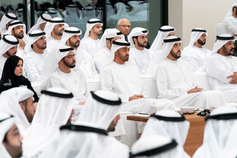 ABU DHABI, UNITED ARAB EMIRATES - May 29, 2019: (Front row L-R) HE Dr Amal Abdullah Al Qubaisi, Speaker of the Federal National Council (FNC), HH Sheikh Hamdan bin Zayed Al Nahyan, Ruler’s Representative in Al Dhafra Region, HH Sheikh Mohamed bin Zayed Al Nahyan, Crown Prince of Abu Dhabi and Deputy Supreme Commander of the UAE Armed Forces, HH Sheikh Rashid bin Saud bin Rashid Al Mu'alla, Crown Prince of Umm Al Quwain and HH Sheikh Saeed bin Mohamed Al Nahyan, attend a lecture by Dr Pavan Sukhdev (Not shown), titled: ”Redefining wealth for an economy of performance", at Majlis Mohamed bin Zayed. 

( Eissa Al Hammadi for the Ministry of Presidential Affairs )
---