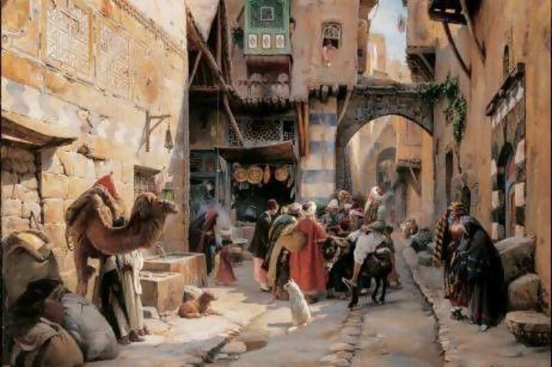 In A Street Scene, Damascus by Gustav Bauernfeind, Gabr says, the artist is "actually in the painting… That's communication - that's how he comes away with a great painting". From the collection of Shafik Gabr