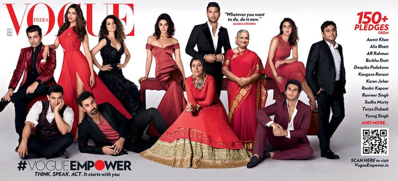 The October 2014 edition of Vogue India spreads awareness of the VoguEmpower campaign featuring Deepika Padukone, Alia Bhatt, Ranbir Kapoor, Ranveer Singh, Aamir Khan, Karan Johar and Kangana Ranaut, among others. Courtesy Vogue India