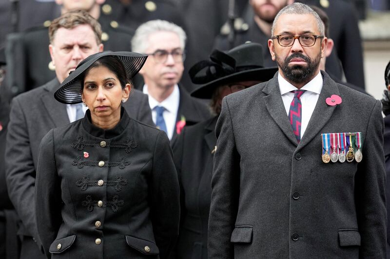 Mr Braverman and Mr Cleverly attend the National Service of Remembrance at the Cenotaph on Sunday. Ms Braverman was sacked after she wrote an article that was heavily critical of the police ahead of Saturday's pro-Palestine march in central London. Reuters
