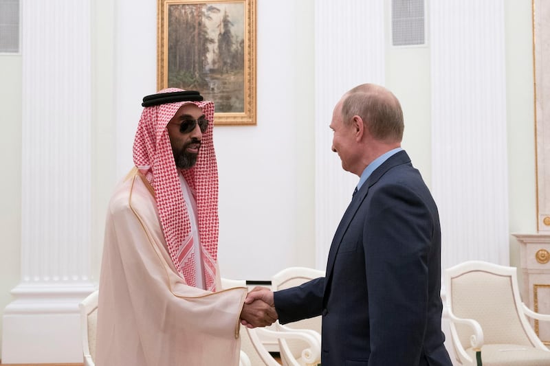 MOSCOW, RUSSIA - June 01, 2018: HE Vladimir Putin Vladimirovich, President of Russia (R) greets HH Sheikh Tahnoon bin Zayed Al Nahyan, UAE National Security Advisor (L), at the Kremlin Palace.

( Mohamed Al Hammadi / Crown Prince Court - Abu Dhabi )
---