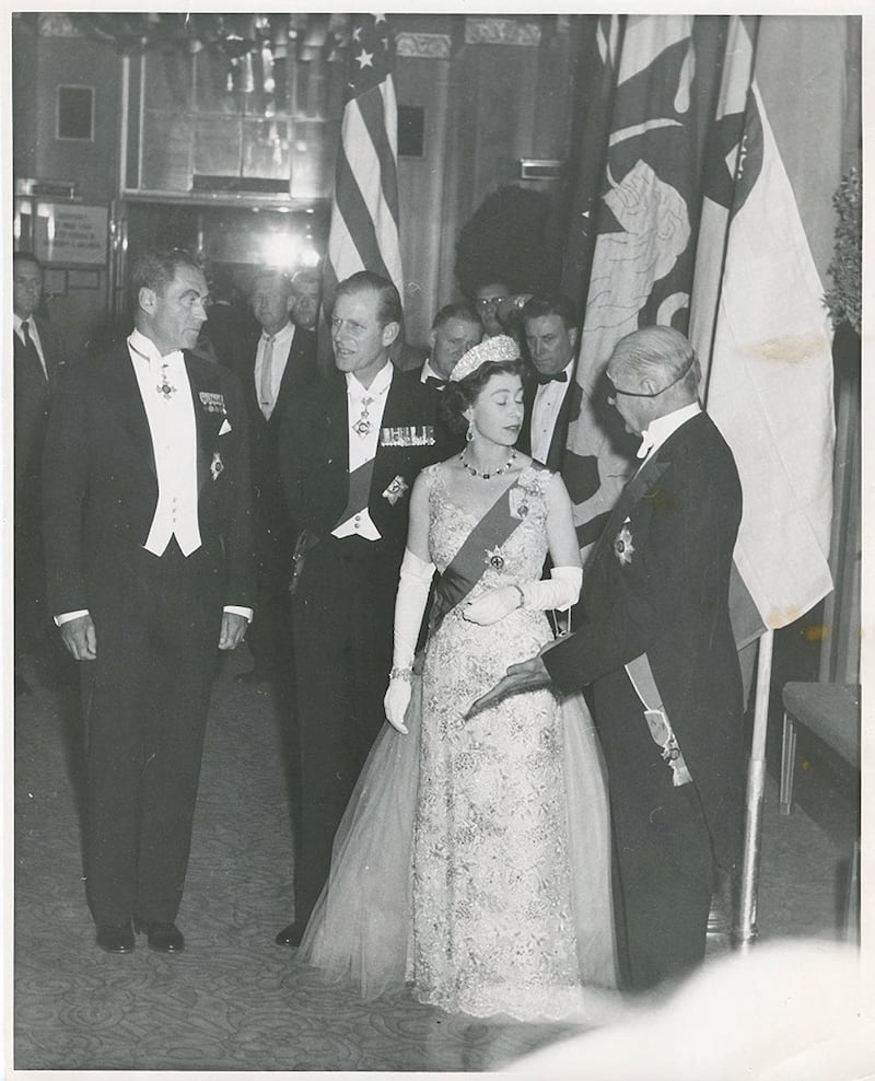 Queen Elizabeth II at the Waldorf Astoria in 1957, during her first official state visit to the United States. Getty Images