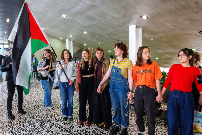 About 100 pro-Palestine student activists occupy a Ghent University entry hall, in Gent, Belgium. EPA