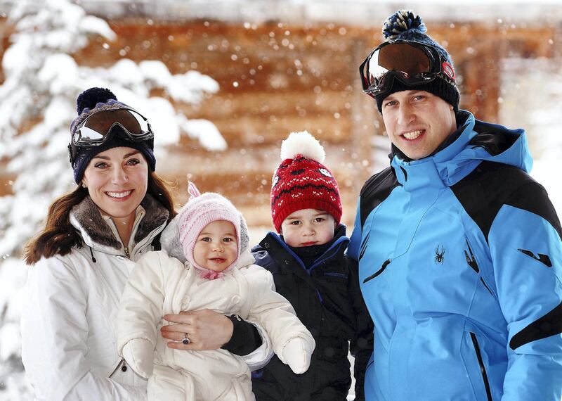 FRENCH ALPS, FRANCE - MARCH 3: (NEWS EDITORIAL USE ONLY. NO COMMERCIAL USE.  NO MERCHANDISING) Catherine, Duchess of Cambridge and Prince William, Duke of Cambridge, with their children, Princess Charlotte and Prince George, enjoy a short private skiing break on March 3, 2016 in the French Alps, France. (Photo by John Stillwell - WPA Pool/Getty Images)

(TERMS OF RELEASE - News editorial use only - it being acknowledged that news editorial use includes newspapers, newspaper supplements, editorial websites, books, broadcast news media and magazines, but not (by way of example) calendars or posters.)