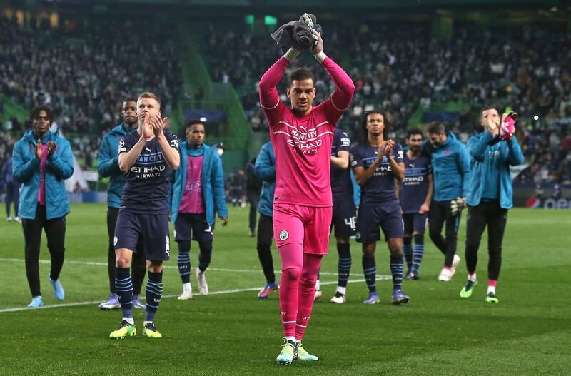 Manchester City goalkeeper Ederson and team-mates applaud the fans after the final whistle. Manchester City were keeping their feet firmly on the ground after making an emphatic Champions League statement with a stunning 5-0 win over Sporting Lisbon, on February 16. PA Wire