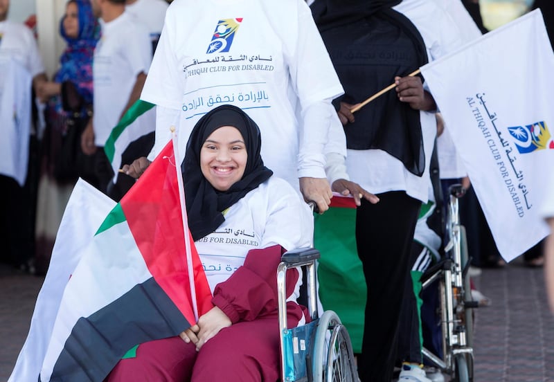 DUBAI, UNITED ARAB EMIRATES - Participants at the Special Olympics Torch Run at Al Thiqah Club for Handicapped.  Leslie Pableo for The National