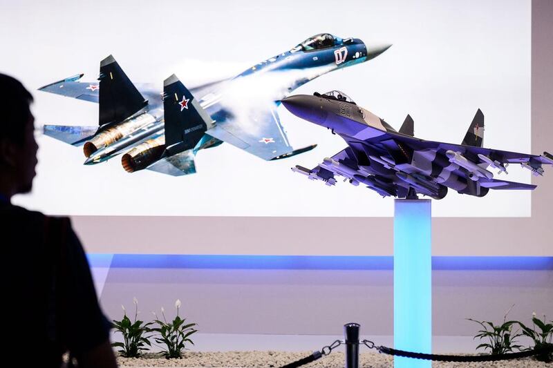 A Russian Sukhoi Su-35 model fighter aircraft on display at the Farnborough International Airshow. Leon Neal / AFP