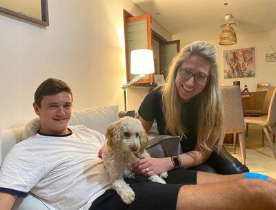 Rebecca McKillop-Haig with her husband James and their puppy Caramel. Rebecca McKillop-Haig