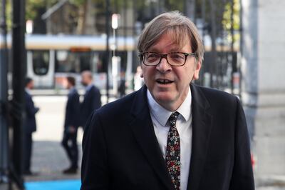 Brexit Coordinator for the European Parliament Guy Verhofstadt arrives for an European Union Summit at European Union Headquarters in Brussels on October 17, 2019.  / AFP / ARIS OIKONOMOU
