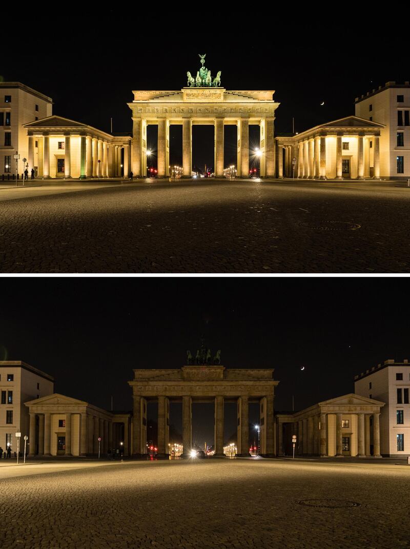 Germany: Brandenburg Gate before and after turning off its illumination lights to mark Earth Hour in Berlin. EPA