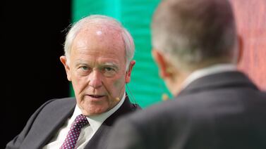 Emirates president Tim Clark (L) in conversation with John Strickland, director of JLS Consulting at The Arabian Travel Market 2023 Day 2. World Trade Centre, Dubai. Chris Whiteoak / The National