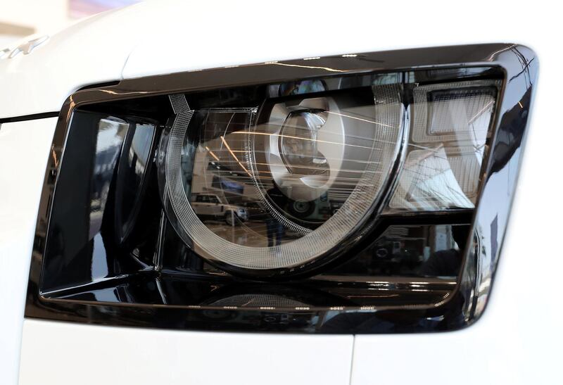 DUBAI, UNITED ARAB EMIRATES , June 27 – 2020 :- Headlight of the Land Rover Defender SE model on display at the Land Rover Defenders showroom on Sheikh Zayed Road in Dubai. (Pawan Singh / The National) For Motoring. Story by Simon