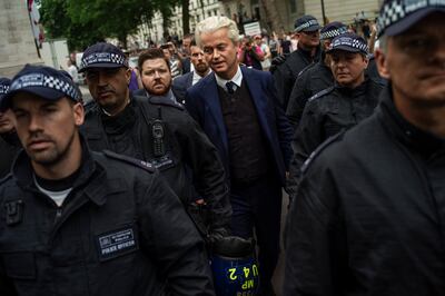 Geert Wilders, leader of the Dutch nationalist Party for Freedom, at a right-wing protest in London in 2018. His party is in talks to form a coalition government in the Netherlands. Getty Images