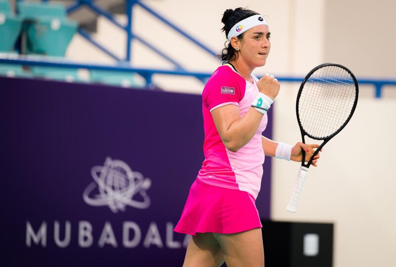Ons Jabeur of Tunisia in action during the first round of the 2021 Abu Dhabi WTA Womens Tennis Open WTA 500 tournament.