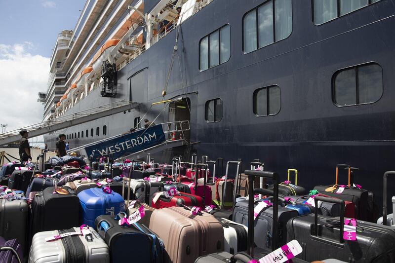 Luggage is ready as some passengers disembark the MS Westerdam cruise ship docked in Sihanoukville, Cambodia on February 14, 2020. Getty Images