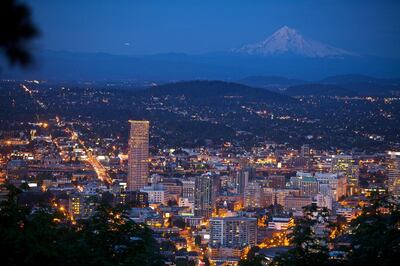 Big Pink and downtown Portland, Oregon with Mount Hood in the distance.