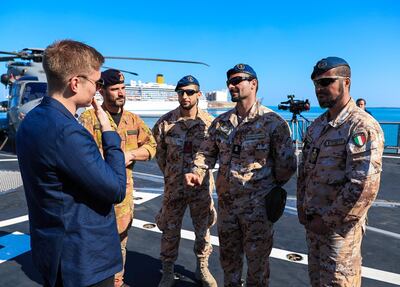 Abu Dhabi, U.A.E., February 14, 2019.  European Multi-Mission Frigate (FREMM), Carlo Margottini has docked at the Abu Dhabi Port with Commander Marco Guerriero.  The National Reporter, Charlie Mitchell interviews some members of the Italian Special Forces group on the frigate.
Victor Besa/The National
Section:  NA
Reporter:  Charlie Mitchell