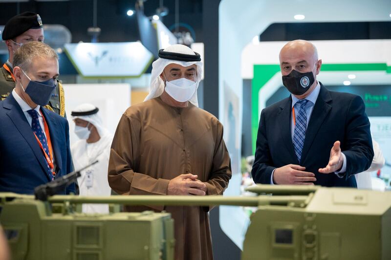 ABU DHABI, UNITED ARAB EMIRATES - February 23, 2021: HH Sheikh Mohamed bin Zayed Al Nahyan, Crown Prince of Abu Dhabi and Deputy Supreme Commander of the UAE Armed Forces (C) tours the International Defence Exhibition and Conference 2021 (IDEX), at ADNEC.

( Rashed Al Mansoori / Ministry of Presidential Affairs )
---