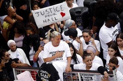 Nahel's mother, wearing a 'Justice for Nahel' T-shirt, attends a march in the memory of her son in Nanterre, near Paris. EPA