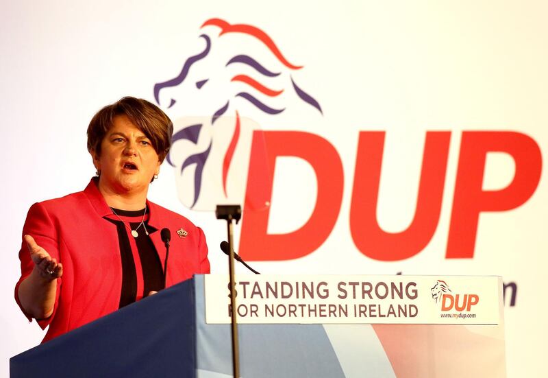 Democratic Unionist Party (DUP) leader Arlene Foster speaks to delegates at the Democratic Unionist Party (DUP) annual conference in Belfast, Northern Ireland on November 24, 2018. Opposition to a draft Brexit deal due to be approved by EU leaders will dominate at a conference on Saturday of the Democratic Unionist Party, the Northern Irish party holding the fate of Brexit and the British government in its hands.
 / AFP / Paul FAITH
