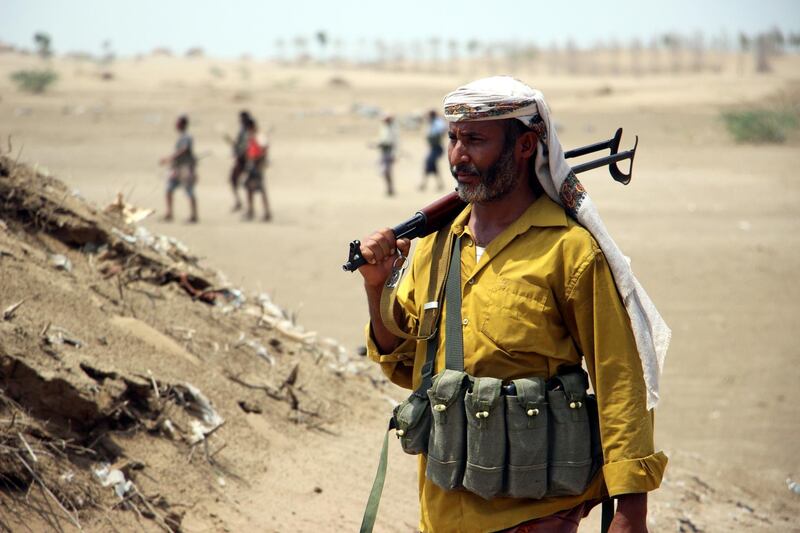 epa07004139 Yemeni government forces take part in military operations on Houthi positions in the port province of Hodeidah, Yemen, 07 September 2018. According to reports, heavy fighting is currently taking place at Yemeni Hodeidah city's western and southern outskirts between the Saudi-backed Yemeni forces and the Houthi rebels as UN-sponsored peace talks in Geneva failed to get off the ground, with the Houthi delegation refusing to leave the capital Sanaâ€™a.  EPA/NAJEEB ALMAHBOOBI