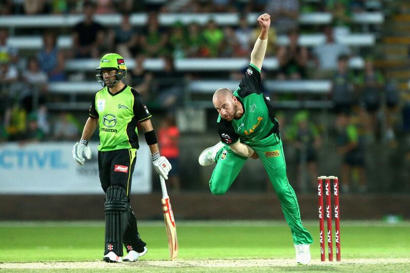 ALBURY, AUSTRALIA - DECEMBER 12:  John Hastings of the Melbourne Stars bowls during the Big Bash League exhibition match between the Melbourne Stars and the Sydney Thunder at Lavington Sports Ground on December 12, 2017 in Albury, Australia.  (Photo by Robert Prezioso/Getty Images)