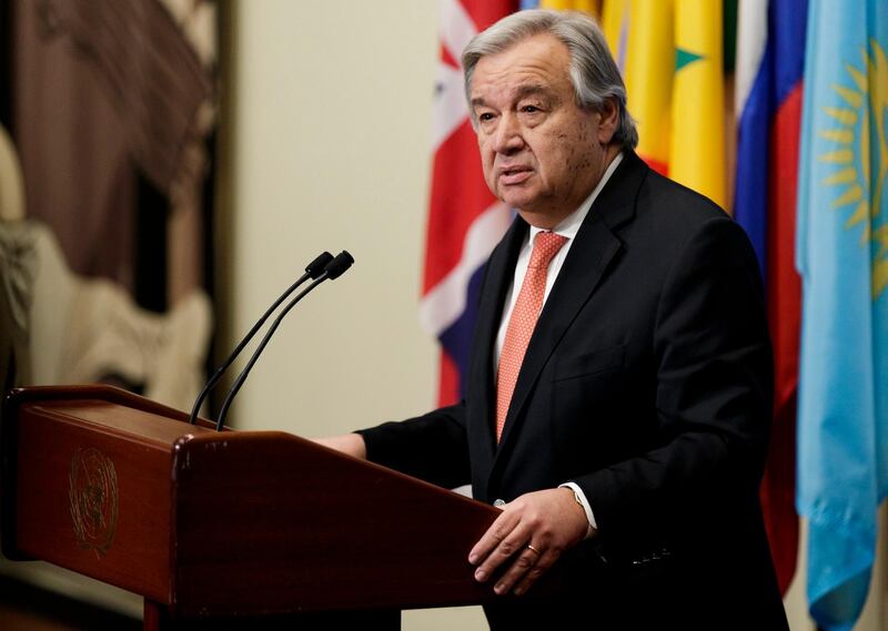 epa06371949 United Nations Secretary-General Antonio Guterres reads a statement reiterating the United Nation's position that peace between Israel and Palestine is dependent on a two state solution with Jerusalem as a joint capital at United Nations headquarters in New York, New York, USA, 06 December 2017. The statement came in response to US President Donald Trump's announcement that the United States was going to recognize Jerusalem as the capital of Israel.  EPA/JUSTIN LANE