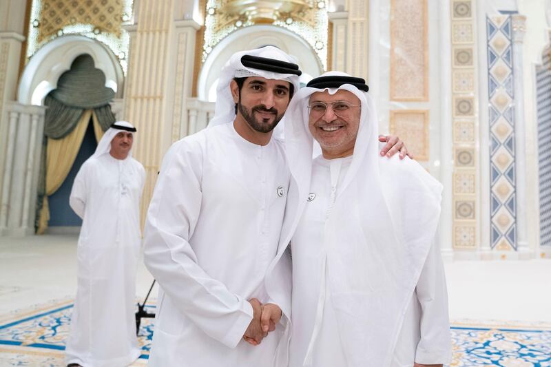 ABU DHABI, UNITED ARAB EMIRATES - May 08, 2019: HH Sheikh Hamdan bin Mohamed Al Maktoum, Crown Prince of Dubai (L) and HE Dr Anwar bin Mohamed Gargash, UAE Minister of State for Foreign Affairs (R), attend an Iftar reception at Qasr Al Watan.

( Mohamed Al Hammadi / Ministry of Presidential Affairs )
---