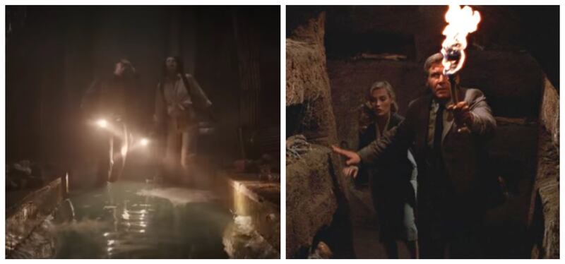 Indiana Jones and Helena in an underground waterway, left, is reminiscent of Indy and Elsa Schneider in the Venetian catacombs in Indiana Jones and the Last Crusade