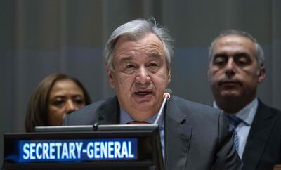 United Nations Secretary General Antonio Guterres addresses the United Nations Group of 77 and China January 15, 2019 at the United Nations in New York.                               The event marked the state of Palestine taking over the chair of the G77 and China. / AFP / Don EMMERT
