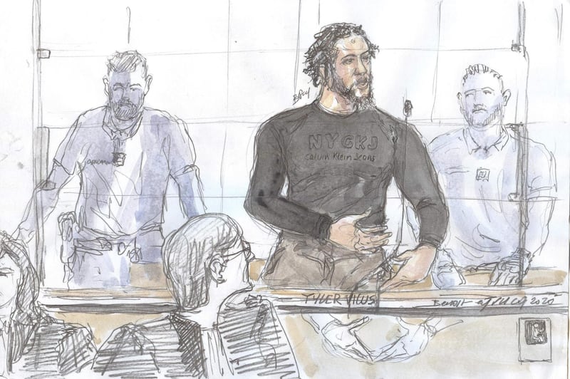 A court sketch made on June 25, 2020 at the Paris courthouse shows French jihadist also called the Islamic State "emir" Tyler Vilus speaking during the opening of his trial at the special assizes of the Paris' courthouse, on the crimes committed in Syria between 2013 and 2015. Tyler Vilus faces the French justice on June 25, 2020 for his affiliation to a terrorist group, for having led a group of combatants and for "aggravated murder". At 30 years old, he faces life imprisonment. - 
 / AFP / Benoit PEYRUCQ

