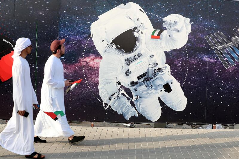Dubai, United Arab Emirates - September 25, 2019: People attend a live screening of launch of first UAE astronaut into space. Wednesday the 25th of September 2019. Mohammed Bin Rashid Space Centre, Dubai. Chris Whiteoak / The National
