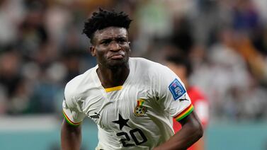 Ghana's Mohammed Kudus grimaces after scoring his sides third goal during the World Cup group H soccer match between South Korea and Ghana, at the Education City Stadium in Al Rayyan , Qatar, Monday, Nov.  28, 2022.  (AP Photo / Luca Bruno)