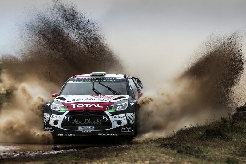 Sheikh Khalid Al Qassimi bounced and splashed his Total Abu Dhabi Citroen DS3 WRC car to a 10th-place finish yesterday in the Rally Sardinia. Nikos Mitsouras / EPA

