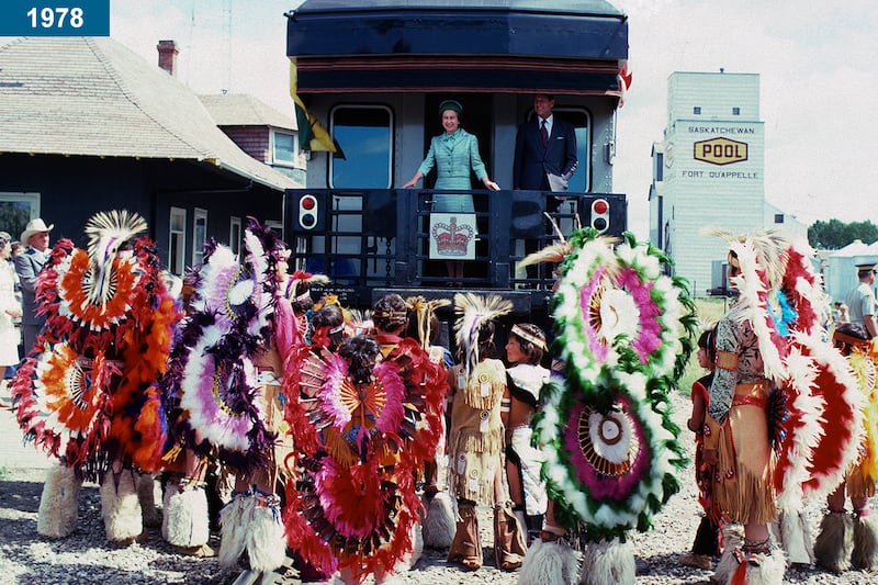 1978: The queen and Prince Philip are greeted by Native Canadians as they arrive by train during a tour of Canada.