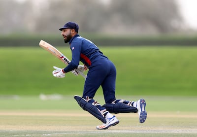 Dubai, United Arab Emirates - March 25, 2019: USA's Jaskaran Malhotra bats in the game against the UAE. Monday the 25th of March 2019 at the Sevens in Dubai. Chris Whiteoak / The National