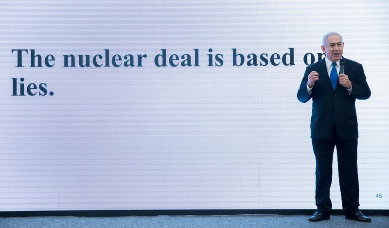 epa06702946 Israeli Prime Minister Benjamin Netanyahu as he describes how Iran has continued with its nuclear capabilities with the purpose of making atomic weapons, in the Israeli Defense Ministry in Tel Aviv, Israel, 30 April 2018.