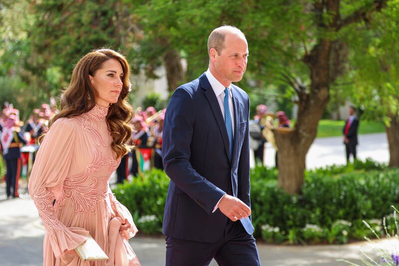 The UK's Prince William and his wife Catherine attend the wedding of Jordan’s Crown Prince Hussein and Princess Rajwa. PA