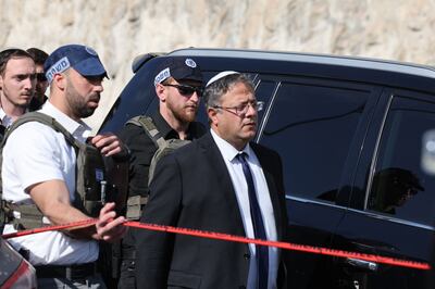 Israel's far-right National Security Minister Itamar Ben-Gvir arrives at the scene of the shooting near Ma'ale Adumim settlement. AFP