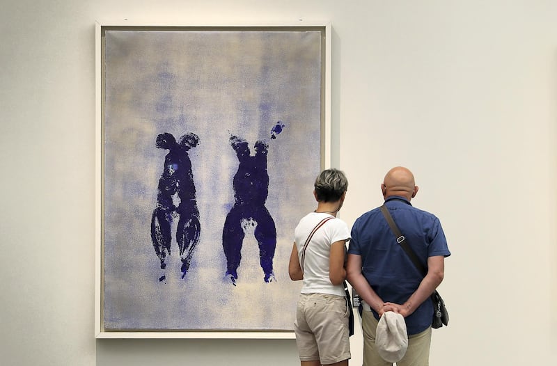 ABU DHABI , UNITED ARAB EMIRATES, September 16 – 2018 :- Untitled Anthropometry (ANT 110), Yves Klein, France, Paris, 1960 on display at the Louvre museum in Abu Dhabi. ( Pawan Singh / The National )  For Arts and Culture. Story by Rupert Hawksley 
