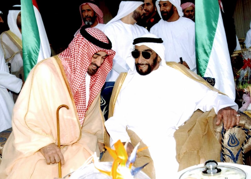 Sheikh Zayed and Sheikh Mohamed at the wedding of Awaida Al Khaili in Al Ain on April 2, 2003. Photo: National Archives