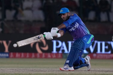 Multan Sultans' Usman Khan plays a shot during the final of Pakistan Super League T20 cricket match between Islamabad United and Multan Sultans, in Karachi, Pakistan, Monday March 18, 2024.  (AP Photo / Fareed Khan)
