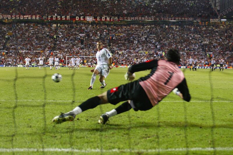 Andriy Shevchenko scores the winning penalty in the shootout against Juventus in 2003