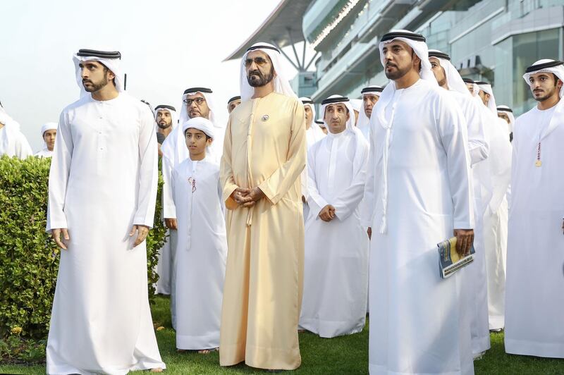 Sheikh Mohammed bin Rashid Al Maktoum, UAE Vice President and Ruler of Dubai, attends Dubai World Cup Carnival – Super Saturday at Meydan Racecourse accompanied by Dubai Crown Prince Sheikh Hamdan bin Mohammed bin Rashid Al Maktoum. Wam