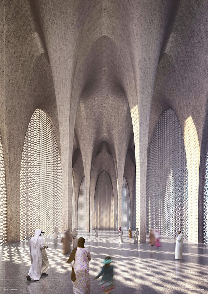 The interior of the mosque. Abrahamic Family House will bring together Islam, Christianity and Judaism through three main buildings – a mosque, a church and a synagogue. Courtesy Adjaye Associates