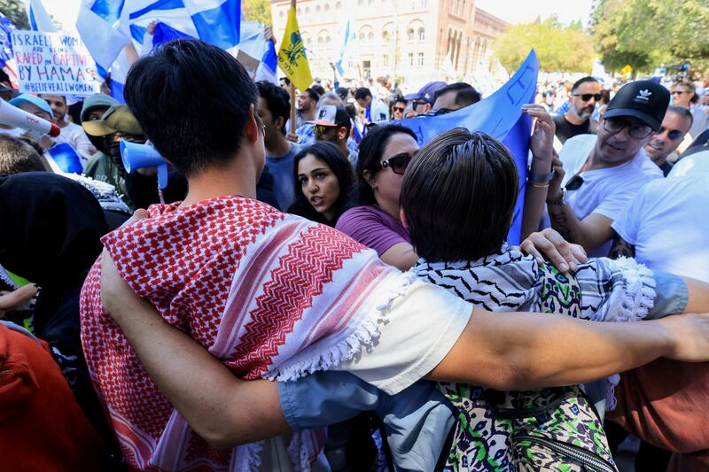 Pro-Israel counter-protesters gather at a pro-Palestine demonstration at the University of California, Los Angeles. Reuters