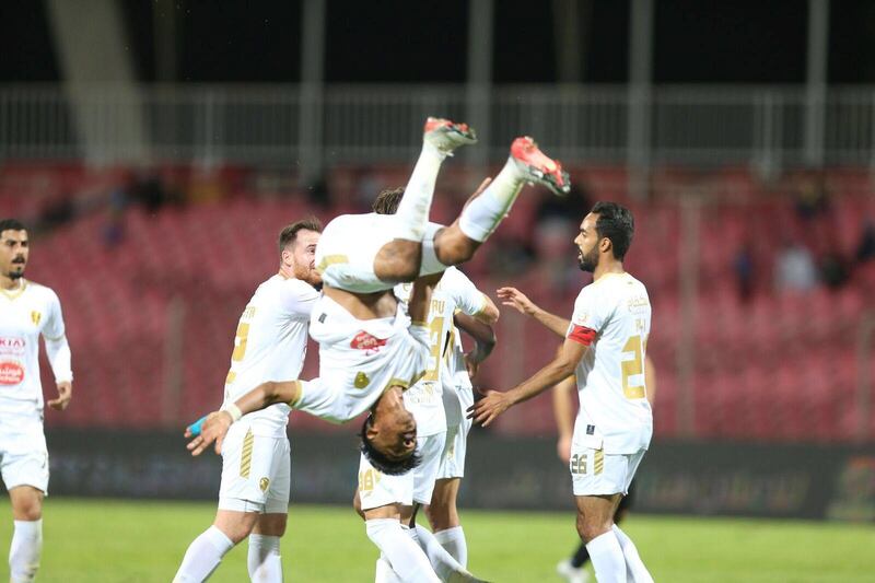 Fateh players celebrate after scoring a goal during the Saudi Professional League soccer match between Al- Ittihad and Fateh at King Abdullah Sport City Stadium, Jeddah, Saudi Arabia.  EPA