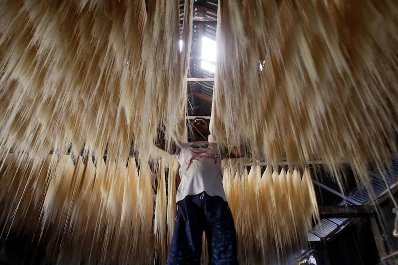 A man hangs strands of vermicelli, a specialty eaten during the Muslim holy month of Ramadan, to dry at a factory on the outskirts of Agartala, India. REUTERS / Jayanta Dey
